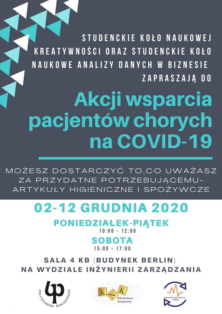 Plakat. Studenckie Koło Naukowej Kreatywności KNK we współpracy ze Studenckim Kołem Naukowym Analizy Danych w Biznesie ADaBiz zapraszają na Akcję wsparcia pacjentów chorych na COVID-19