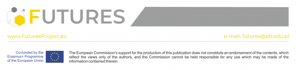 Stopka zawierająca: Logo Projektu Futures. www.FututerProjec.eu  e-mail:futures@pb.edu.pl Co-funded by the Erasmus+ Programme of the European Union. Logo Unii Europejskiej. The European Commission's support for the production of this publication does not constitute  an endorsement of the contents, which reflect the views only of the authors, and the Commission  cannot be held responsible for any use which may be made of the information contained therein.