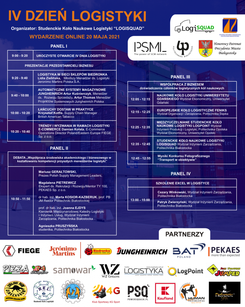 Plakat IV Dzień Logistyki. Organizator: Studenckie Koło Naukowe Logistyki LOGISQUAD. Program wydarzenia (dostępny powyżej w tekście). Logo organizatorów, patronów, partnerów.