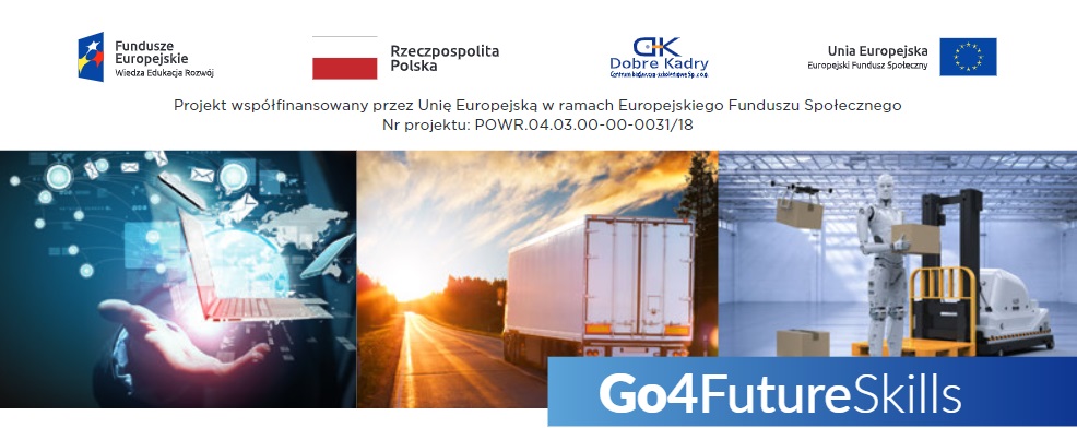 Go4FutureSkills nagłówek projktu. Loga: Fundusze Europejskie, Polska, DobreKadry, Unia Europejska. Zdjęcia przedstawiające: laptopa, transport ciężarowy, robota w logistyce. 