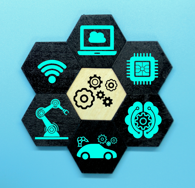 colored hexagons with technology items and the wor