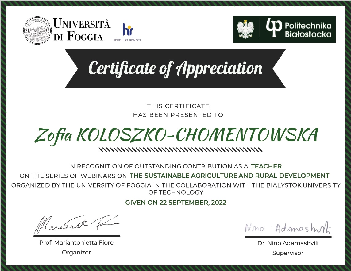 Certificate of Appreciation. Zofia Koloszko-Chomentowska